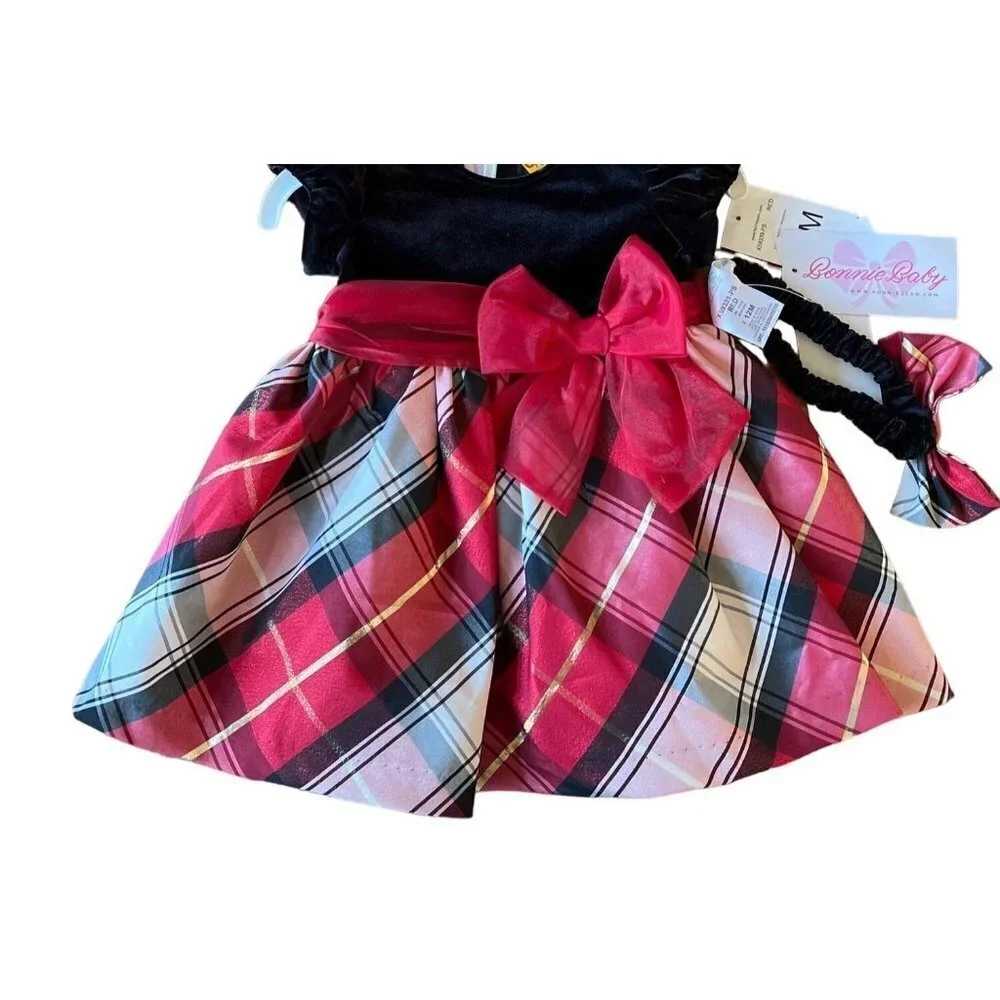 NWT Bonnie Baby Fancy Plaid Velvet Formal Dress +Panty & Headband Girls Size 12M